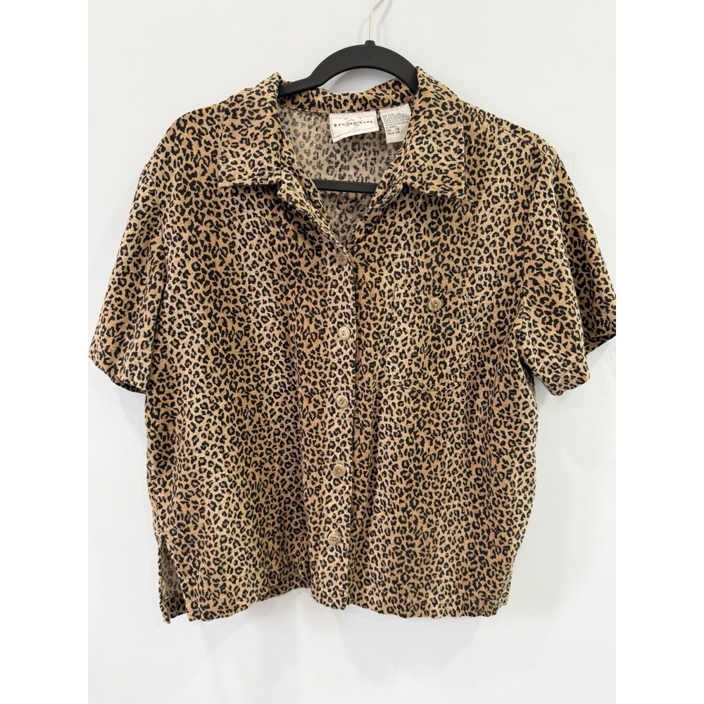 Studio Ease Women's 14 Vintage Leopard Print Linen Rayon Button Down Shirt